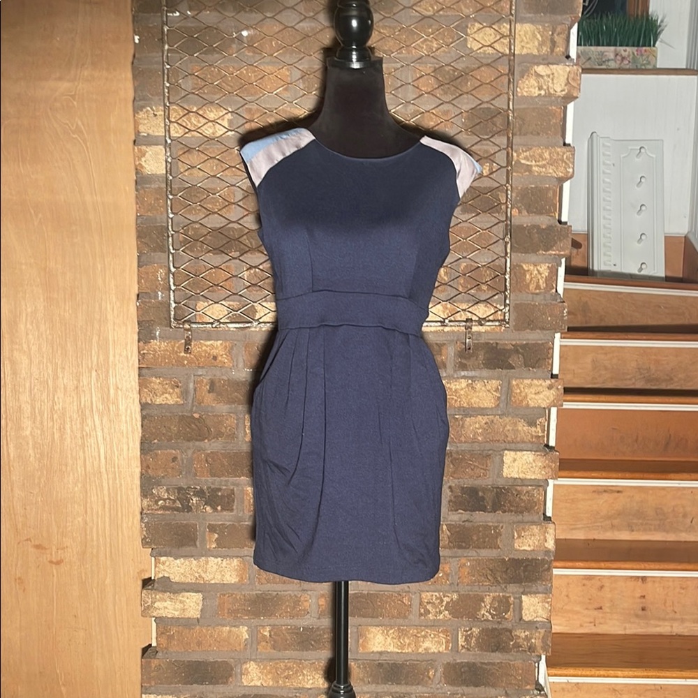 Forever 21 Blue Midi Dress  tan, gray blue silk-like sleeve panels M